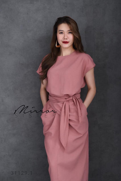 Women Classy Waist Tie Mid Length Back Slit Dresses